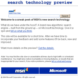 Screengrab of the entry point to the MSN search technology test site