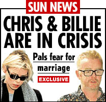 Screen grab of The Sun's web site with the headline 'Chris And Billie Crisis' on 25th September 2004