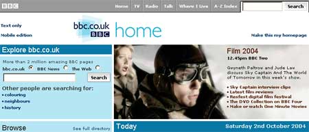 Screen grab of the bbc.co.uk homepage, illustrating the use of the new coloured text within the promotional space