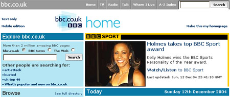 bbc.co.uk with a Breaking Sports News promo featuring Kelly Holmes winning the BBC Sports Personality of the Year award