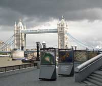 Tower Bridge in the background of the Earth From The Air exhibition in London