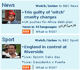 RSS icons on the BBC.co.uk homepage