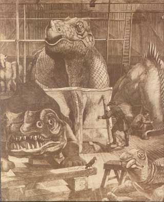 Etching of how dinosaurs were imagined in the 1850s