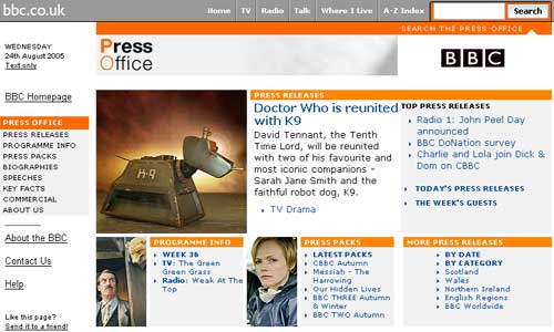 BBC Press Office site announcing the return of K9