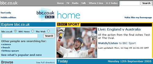 BBC Homepage with BBC Sport coverage of the Ashes