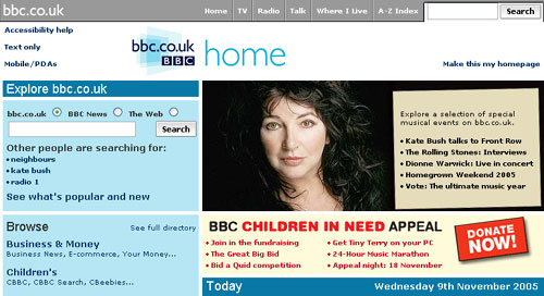 Children in Need semi-permanent panel on the BBC homepage