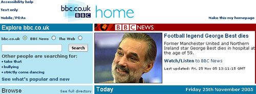 The death of George Best featured on the BBC homepage