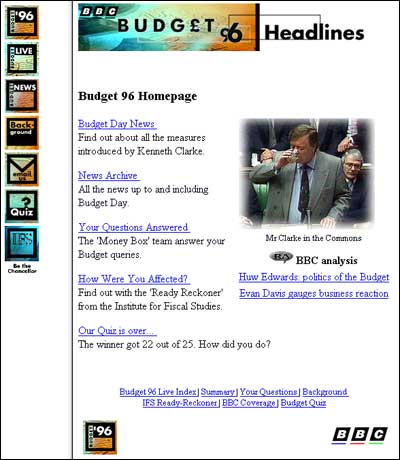 Screengrab of the BBC's online coverage of the 1996 Budget