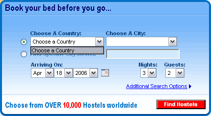 HostelWorld.com homepage with empty menus