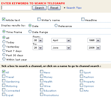 The Telegraph advanced search form