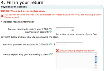 HMRC application error messages