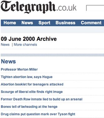 Telegraph archive for 9th June 2008