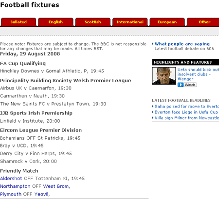 The BBC's collated football fixtures