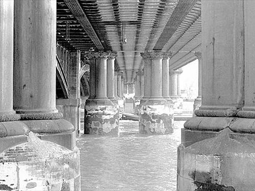 A photograph of the underside of the demolished bridge