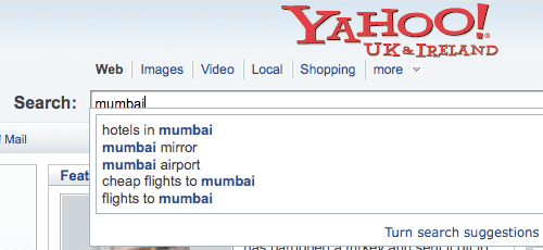 Yahoo! Suggest for the term Mumbai