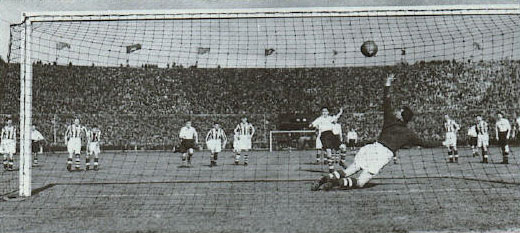 A picture of Preston North End scoring a penalty in the 1938 F.A. Cup Final
