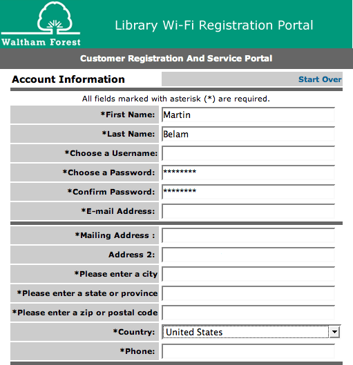 Waltham Forest wifi registration form