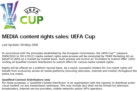 UEFA media rights regulations for the next UEFA Cup package