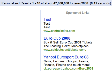 Castrol's test AdWords are live for Euro2008