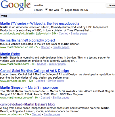 Google SERPS for 'martin'