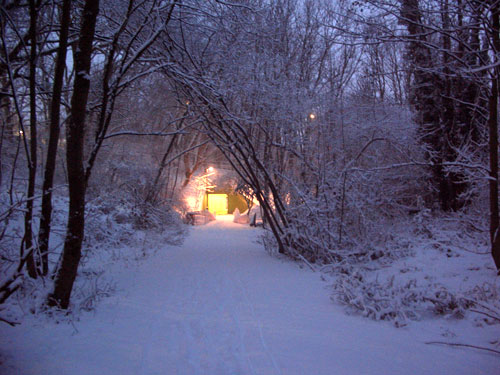 Snowy subway entrance through the trees
