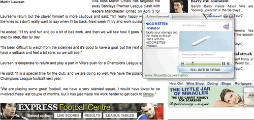 In-line adverts on a Daily Express sport story
