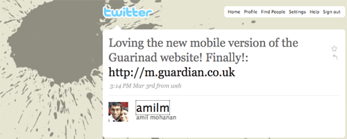 Amilm's tweet about the Guardian mobile site