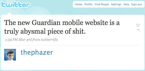 Phazer's tweet about the Guardian mobile site