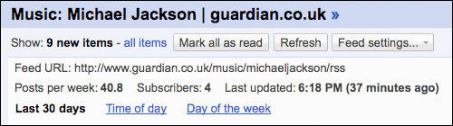 The Guardian's Michael Jackson feed in Google Reader