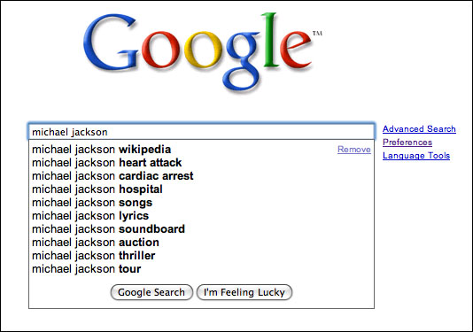 Google's Michael Jackson suggestions
