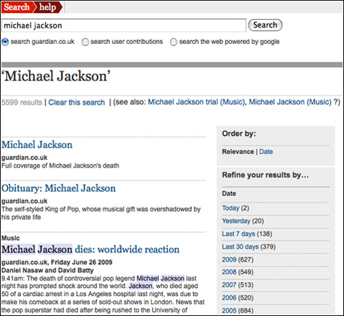 Michael Jackson search on The Guardian
