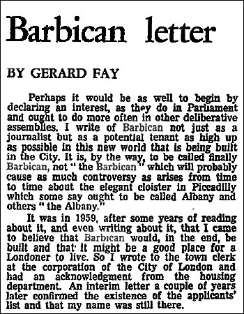 'Barbican Letter' from 1965 by Gerard Fay in The Guardian
