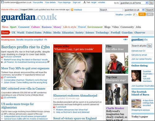 Guardian website on Monday morning