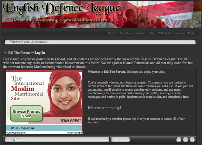 English Defence League forum with Google Ad for Muslim dating service