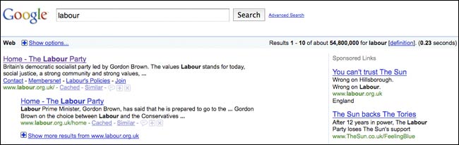 The Sun and Labour Google ads