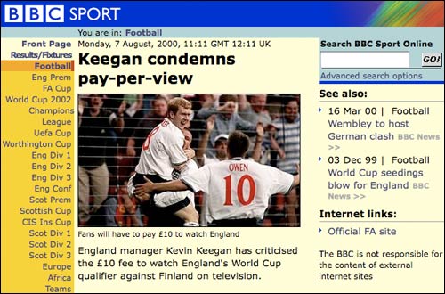 Keegan on the BBC Sport site in 2000 about the Finland game