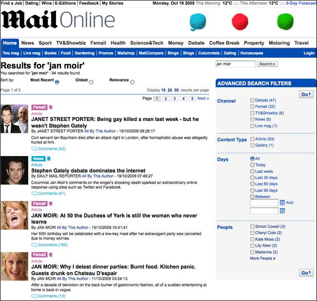 Daily Mail search for Jan Moir with one key result missing