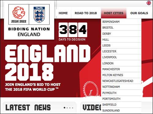England 2018 bid website