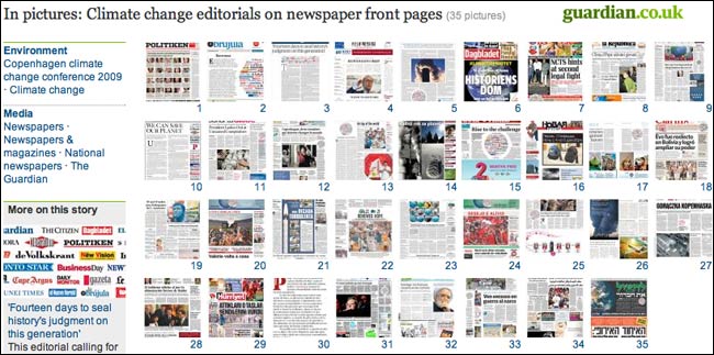 Thumbnail gallery view of climate change front pages