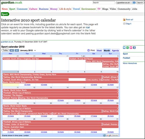 Guardian 2010 sport calendar