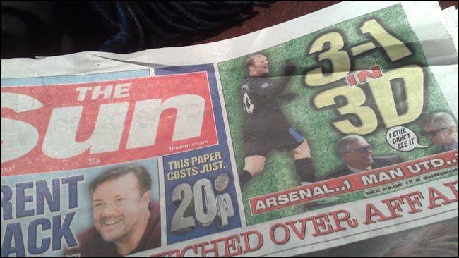 The Sun's 3-1 in 3D front page