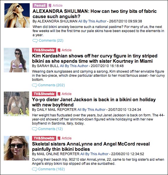 A selection of Daily Mail 'bikini' search results