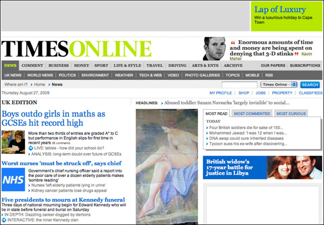 Times Online homepage in the pre-paywall era