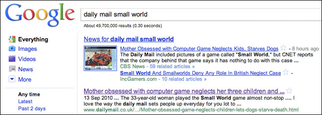 Google has news stories about the Daily Mail's error over Small World