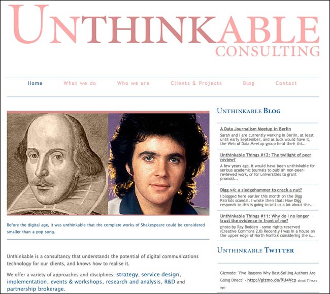 Unthinkable Consulting website featuring David Essex alongside William Shakespeare