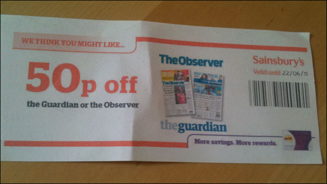 Sainsburys voucher for The Guardian or Observer
