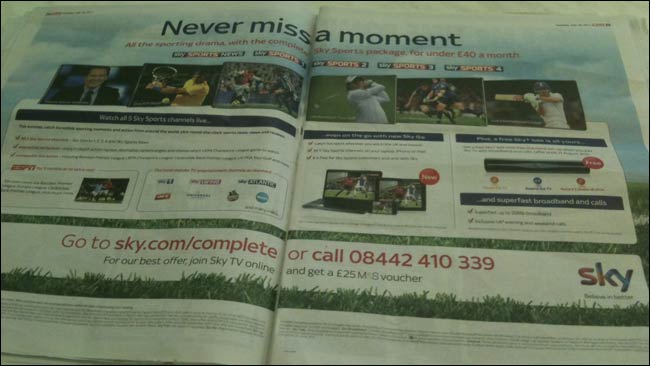 Sky Sports advert in The Sun
