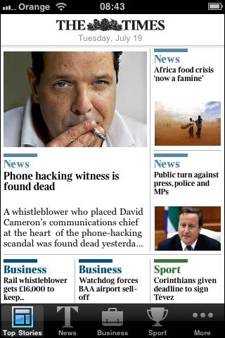 The Times iPhone app front page