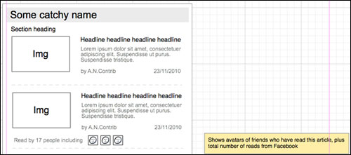 Guardian Facebook app wireframe for a trailblock with social features