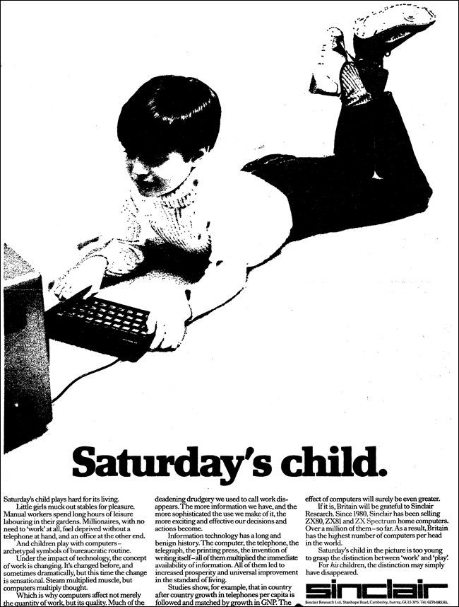 Sinclair Saturday’s Child advert in the Observer, 1983